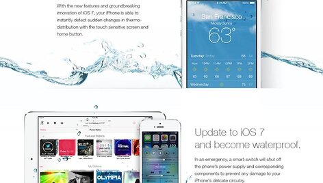 Internete plinta &bdquo;Apple&ldquo; reklamą primenantis paveikslėlis, kuriame ra&scaron;oma, esą atnaujinus įrenginio operacinę sistemą į &bdquo;iOS 7&ldquo; įrenginys taps atsparus vandeniui.