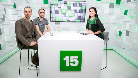&bdquo;The Roop&ldquo; nariai Vaidotas Valiukevičius ir Robertas Baranauskas, žurnalistė Monika Svėrytė