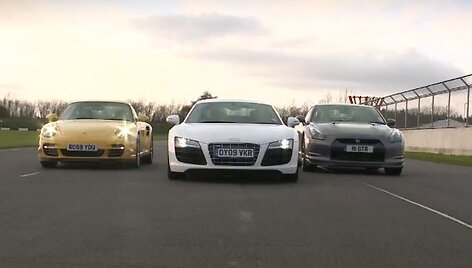 &bdquo;Nissan GT-R&ldquo;, &bdquo;Porsche 911 Turbo&ldquo; ir &bdquo;Audi R8 V10&ldquo; &ndash; kas geriau?