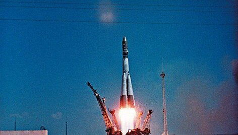 Kosminio laivo &bdquo;Vostok-1&ldquo; pakilimo akimirka 1961 m. balandžio 12 d.