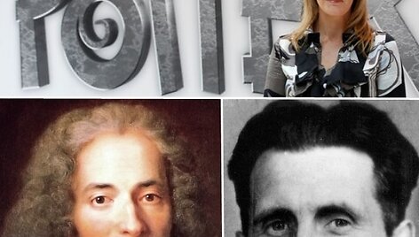 JK Rowling (vir&scaron;uje), Volteras (kairėje) ir George'as Orwellas