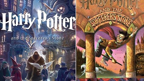 &bdquo;Haris Poteris ir I&scaron;minties akmuo&ldquo; (JAV &scaron;i knyga verčiama &bdquo;Harry Potter and the Sorcerer's Stone&ldquo;). Kairėje pusėje &ndash; naujas, die&scaron;inėje &ndash; senas knygos vir&scaron;elis.