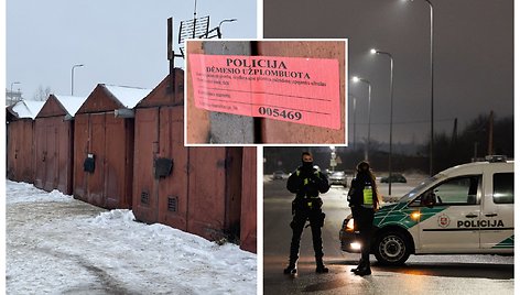 Kauno policijos pareigūnai ir garažas, kuriame buvo rasta pagrobta mergaitė