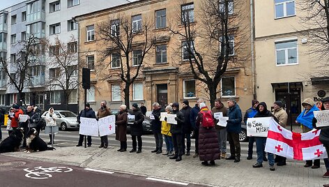 Sausio 4 d. Vilniuje prie Sakartvelo ambasados susirinkę žmonės reikalavo paleisti Michailą Saaka&scaron;vilį i&scaron; įkalinimo ir i&scaron;leisti jį gydytis Vakaruose