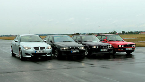 BMW M5 (iš dešinės: E60, E39, E34, E28)