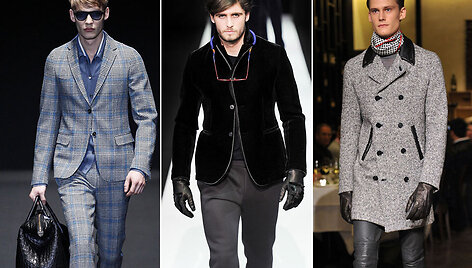 I&scaron; kairės: mados namų &bdquo;Gucci&ldquo;, &bdquo;Emporio Armani&ldquo; ir &bdquo;Moschino&ldquo; 2013-2014 m. žiemos kolekcijos vyrams.