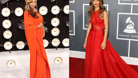 Kairėje: Beyonce Los Andžele, 2011 &bdquo;MTV Video Music Awards&ldquo; apdovanojimuose, pirmą kartą vie&scaron;ai pasirodžiusi besilaukianti pirmagimio. De&scaron;inėje: Rihanna 55-uosiuose &bdquo;Grammy&ldquo; apdovanojimuose Los Andžele.