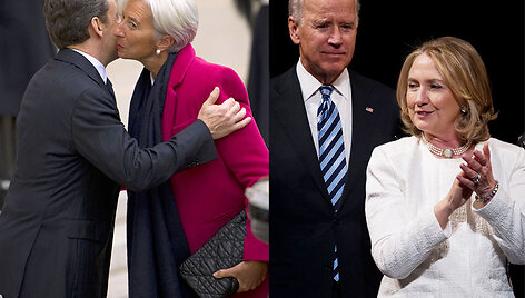 Kairėje: Prancūzijos prezidentas Nicolas Sarkozy bučiuoja Tarptautinio valiutos fondo prezidentę Christine Lagarde. De&scaron;inėje: buvusi JAV valstybės sekretorė Hillary Clinton apdovanojimų ceremonijoje Va&scaron;ingtone. 