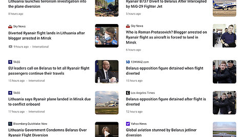 &bdquo;Google News&ldquo; pateikiami straipsniai apie lėktuvo nutupdymą Minske ir Romano Protasevičiaus i&scaron;laipinimą