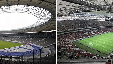 Berlyno olimpinis stadionas (kairėje) ir Varšuvos nacionalinis stadionas (dešinėje)