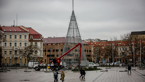 Sostinės Katedros aik&scaron;tėje statoma kalėdinė eglė