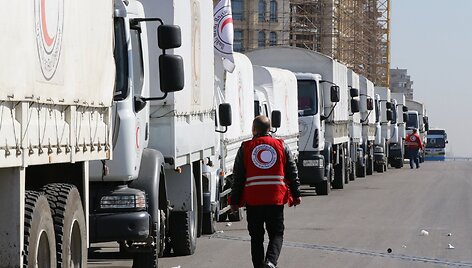 JT Humanitarinės pagalbos konvojus vyksta i&scaron; Damasko į kitus regionus