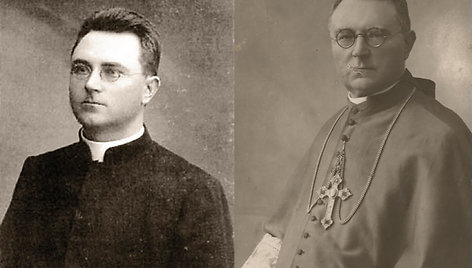 Pirmasis Lekėčių klebonas J.Staugaitis (nuotr. kairėje) ir Telšių vyskupas (nuotr. dešinėje).