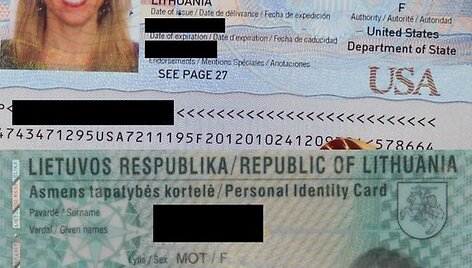 Amerikieti&scaron;ko paso ir lietuvi&scaron;kos asmens taptaybės kortelės pavyzdžiai