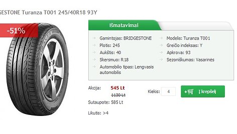 51 proc. nuolaida &bdquo;Bridgestone Turanza T001&ldquo; padangoms Egzotika.lt elektroninėje parduotuvėje
