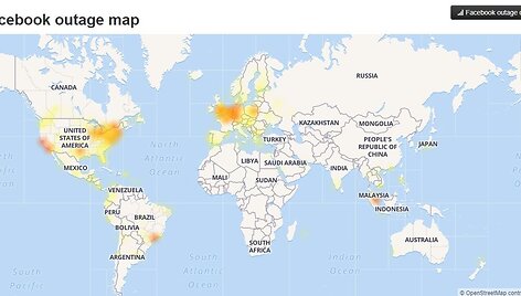 Skundų dėl &bdquo;Facebook&ldquo; sutrikimų geografija: kuo tamsesnė spalva, tuo daugiau vartotojų i&scaron; tos vietovės skundžiasi