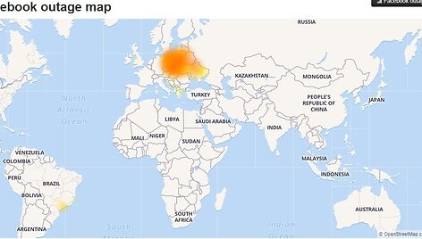&bdquo;Facebook&ldquo; veikimo sutrikimų žemėlapis
