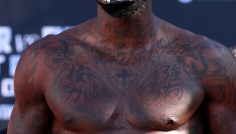 Deontay Wilderis ir Tysonas Furry Los Andžele prie&scaron; bokso dvikovą.