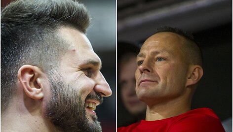 Linas Kleiza ir Rolandas Jarutis žeria priekai&scaron;tus vienas kitam.