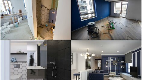 Dizainerių Jurgitos Ambra&scaron;kaitės ir Vaidos Žemaitytės-Jurgelevičės projekte &bdquo;B23&ldquo; įrengiami butai (vir&scaron;uje &ndash; progresas, apačioje &ndash; vizualizacijos) 