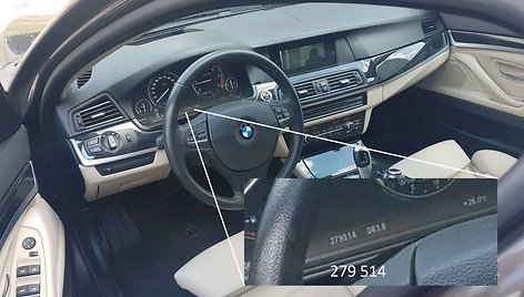 BMW salono nuotrauka, kurioje prietaisų skydelyje matoma rida skiriasi nuo to, ką sako pardavėjas