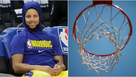 Stephenas Curry plušo surinkinėdamas krepšinio stovą