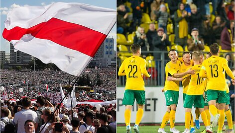 Istorinių Baltarusijos vėliavų per Lietuvos rinktinės rungtynes greičiausiai nei&scaron;vysime