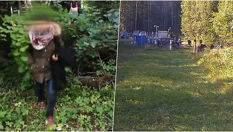 Kameros užfiksavo, kaip pasienyje &bdquo;nualpusi&ldquo; nė&scaron;čioji staiga atsistoja, apsirengia ir nueina į Baltarusijos pusę