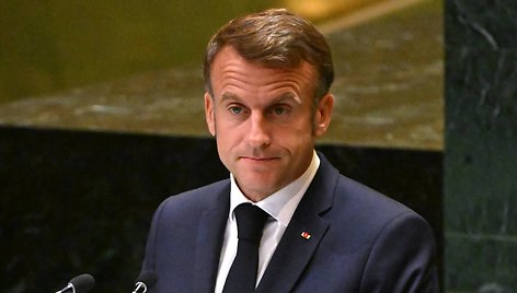 Prancūzijos prezidentas Emmanuel Macron kalba JT sesijoje. / IMAGO/Sergey Guneev / IMAGO/SNA