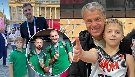 Rolandas Skaisgirys, jo sūnus Atas su Dirku Nowitzki, Aurelijus Pukelis ir Šarūnas Vingelis