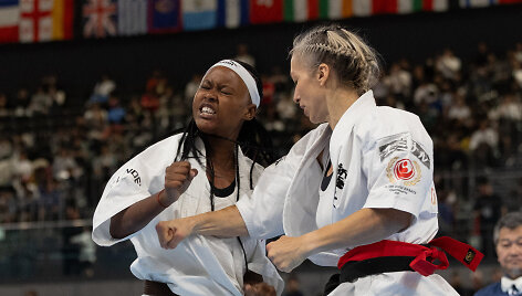Pasaulio pilno kontakto karatė čempionato akimirka. Aneta Me&scaron;kauskienė