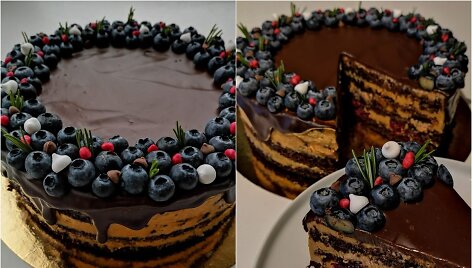 &Scaron;okoladinis tortas su karameliniu kremu ir vy&scaron;niomis