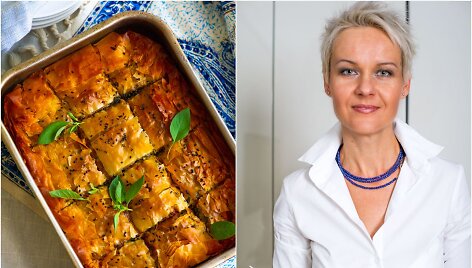 Nida Degutienė ir jos keptas graiki&scaron;kas &scaron;pinatų ir fetos pyragas 