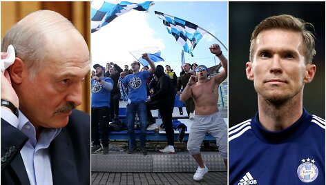 Aleksandras Hlebas (de&scaron;inėje) stebėjosi, kodėl A.Luka&scaron;enkos vadovaujamoje Baltarusijoje vyksta futbolo čempionatas.