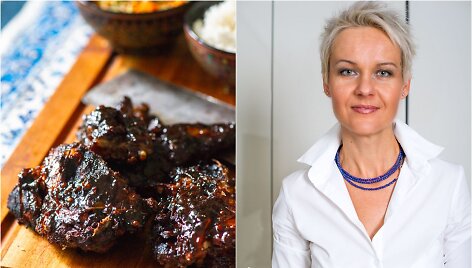 Nida Degutienė ir jos grilyje kepti glazūruoti kini&scaron;ki kiaulienos &scaron;onkauliai