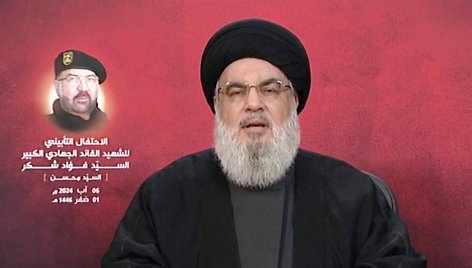 Hezbollah lyderis Sayyed Hassan Nasrallah kalba per televiziją. / Al-Manar TV / via REUTERS