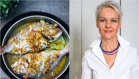 Nida Degutienė ir jos gamintas žuvies patiekalas