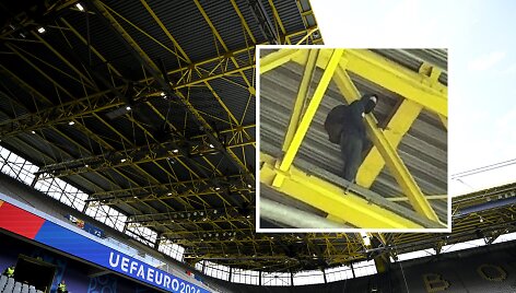 Vokietija &ndash; Danija rungtynių metu ant stadiono sijų pastebėtas kaukėtas vyri&scaron;kis