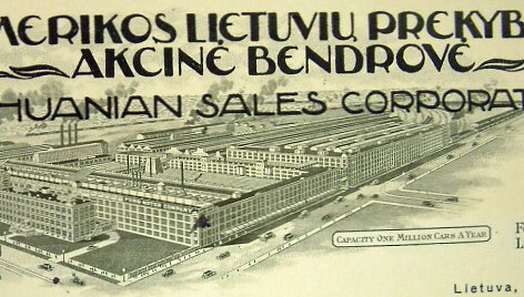 Amerikos lietuvių akcinė bendrovė savo firminiame blanke naudojo LDK Gedimino ir  &bdquo;Ford&ldquo; fabriko Detroite atvaizdą