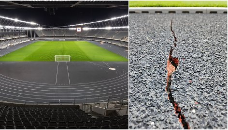 Kauno Dariaus ir Girėno stadiono bėgimo takų danga ėmė skylinėti 