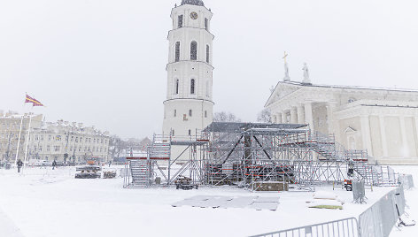 Katedros aikštėje – pradėta statyti Kalėdinė eglė