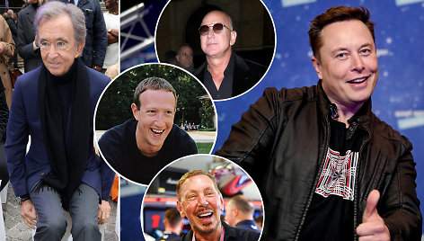 Bernard’as Arnault, Jeffas Bezosas, Markas Zuckerbergas, Larry Ellisonas, Elonas Muskas