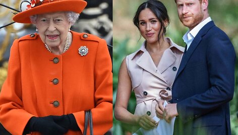 Karalienė Elizabeth II, princas Harry ir Meghan Markle / &bdquo;Scanpix&ldquo; nuotr.