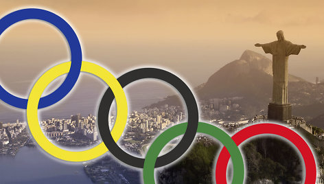 Olimpiniai žiedai Rio de Žaneiro panoramos fone