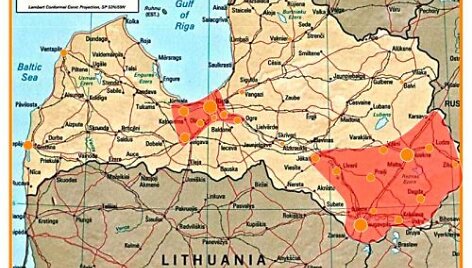 Žemėlapis, kuriame pažymėtos sritys, kuriose gali kilti neramumų. Tarp &scaron;ių teritorijų &ndash; ir Latvijos sostinė Ryga.