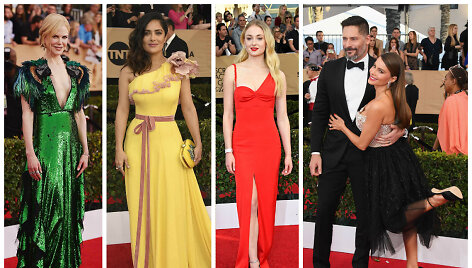 Aktorių gildijos apdovanojimų vie&scaron;nios (i&scaron; kairės): Nicole Kidman, Salma Hayek, Sophie Turner ir Joe Manganiello su Sofia Vergara