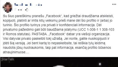 Deklaracija, kuria parei&scaron;kiama, kad vartotojas atima teisę i&scaron; &bdquo;Facebook&ldquo; naudotis ir platinti jo nuotraukas