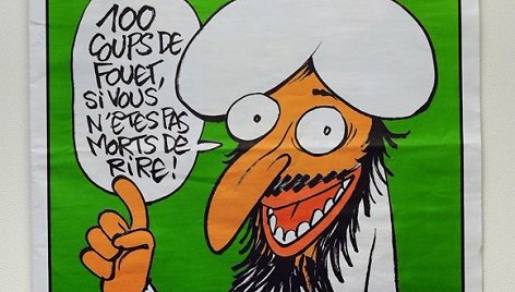 „Charlie Hebdo“ viršelis su pranašo karikatūra ir pareiškimas: „100 kirčių, jei nemirsit iš juoko!“