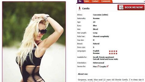 Neringa &Scaron;iaudikytė pristatoma kaip eskorto paslaugas teikianti Camila
