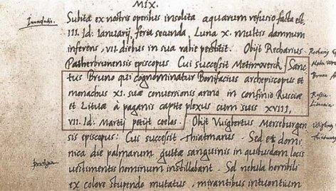 Kvedlinburgo analų ištrauka (tekste pažymėta vieta, kurioje minimas Lietuvos vardas)